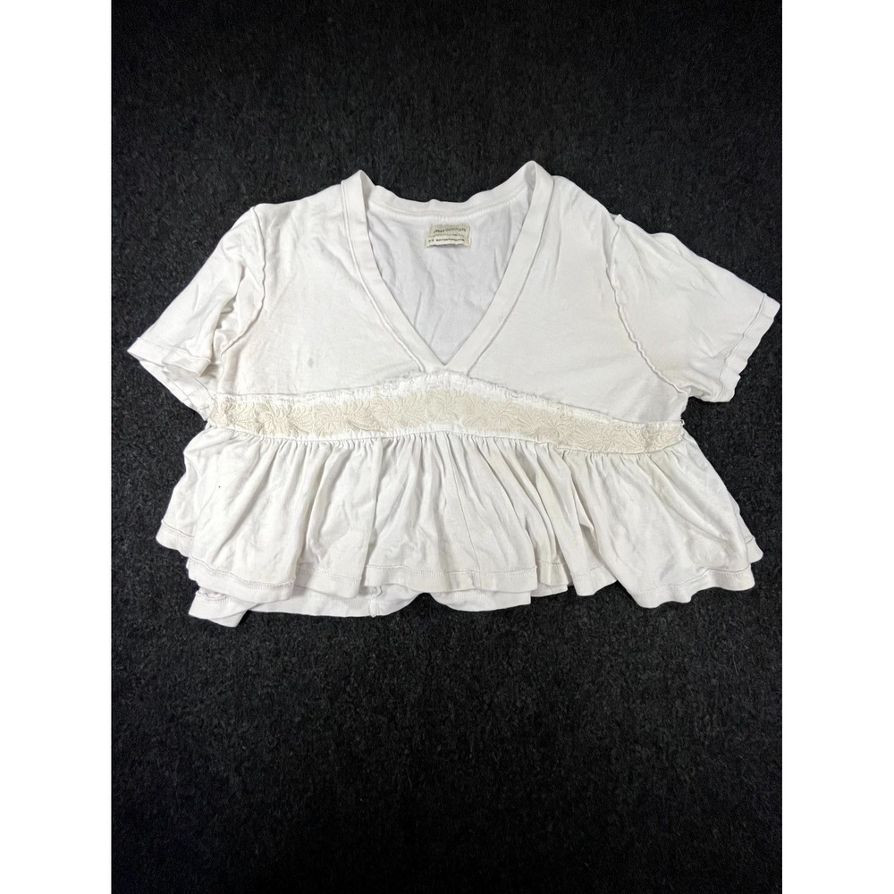 Urban Outfitters Babydoll Crop Top Womens M White Cotton Boho Peplum Hem V Neck